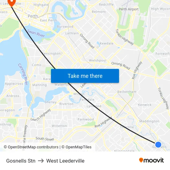 Gosnells Stn to West Leederville map