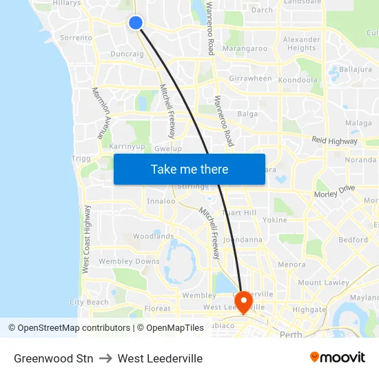 Greenwood Stn to West Leederville map