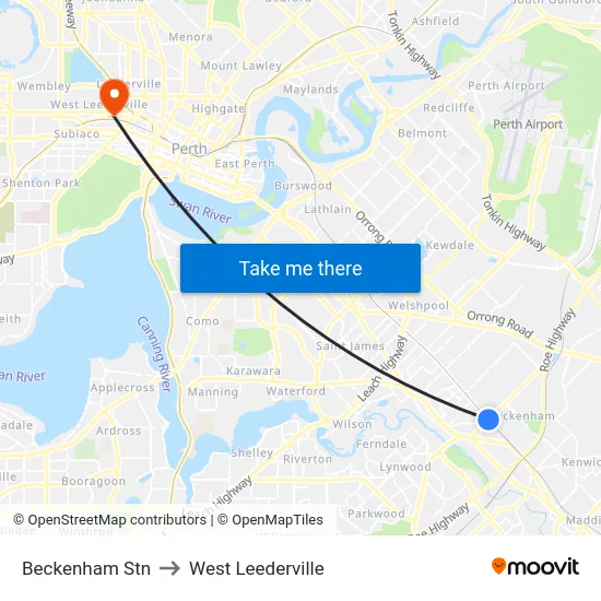Beckenham Stn to West Leederville map