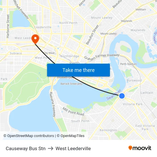 Causeway Bus Stn to West Leederville map