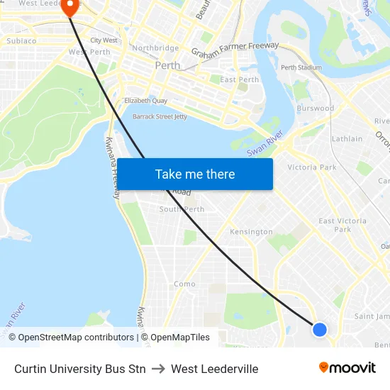Curtin University Bus Stn to West Leederville map