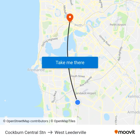 Cockburn Central Stn to West Leederville map