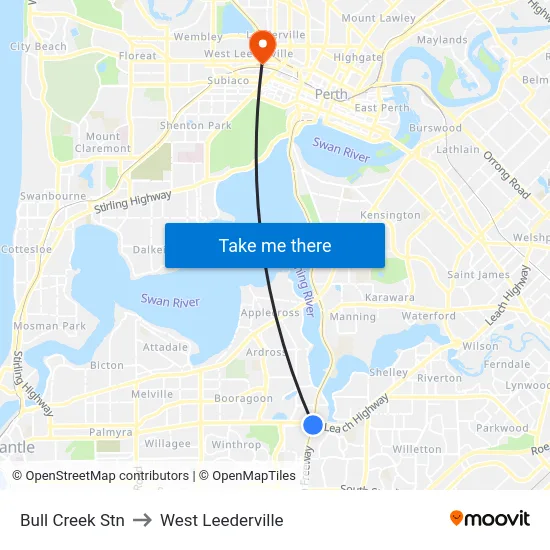 Bull Creek Stn to West Leederville map