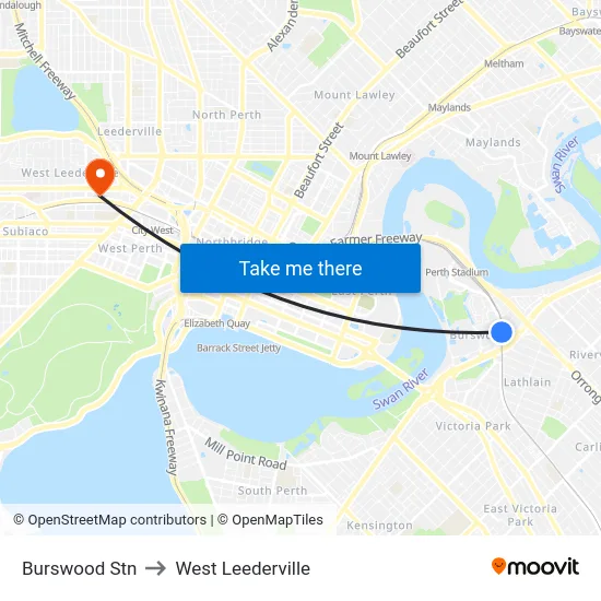 Burswood Stn to West Leederville map