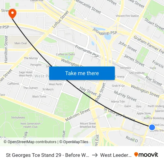 St Georges Tce Stand 29 - Before William St to West Leederville map