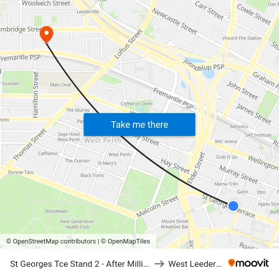 St Georges Tce Stand 2 - After Milligan St to West Leederville map