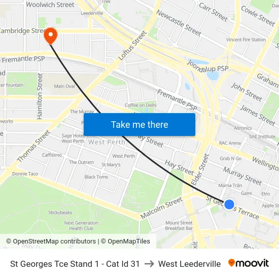 St Georges Tce Stand 1 -  Cat Id 31 to West Leederville map
