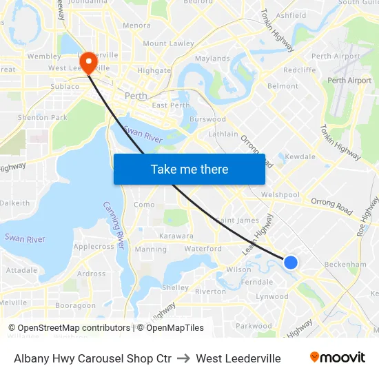 Albany Hwy Carousel Shop Ctr to West Leederville map