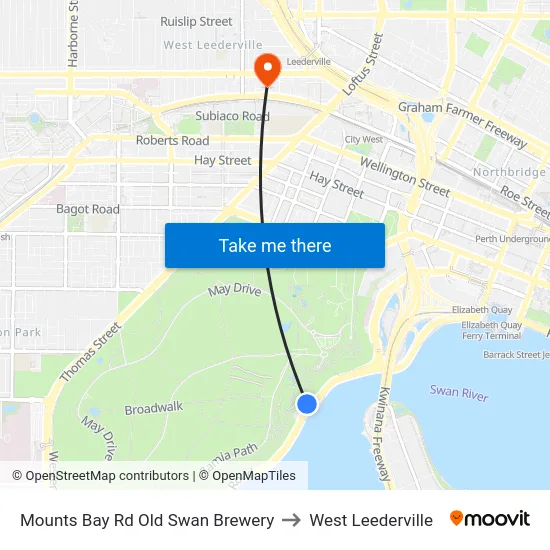 Mounts Bay Rd Old Swan Brewery to West Leederville map