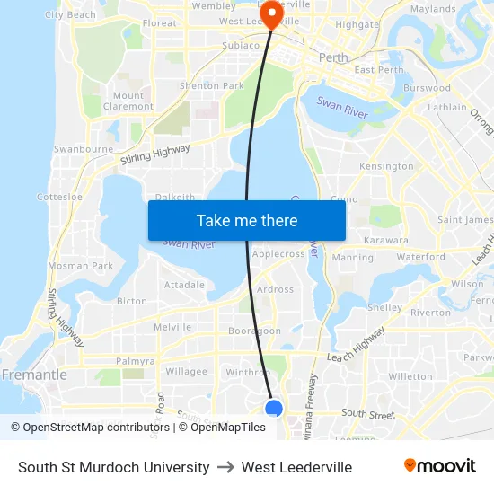 South St Murdoch University to West Leederville map