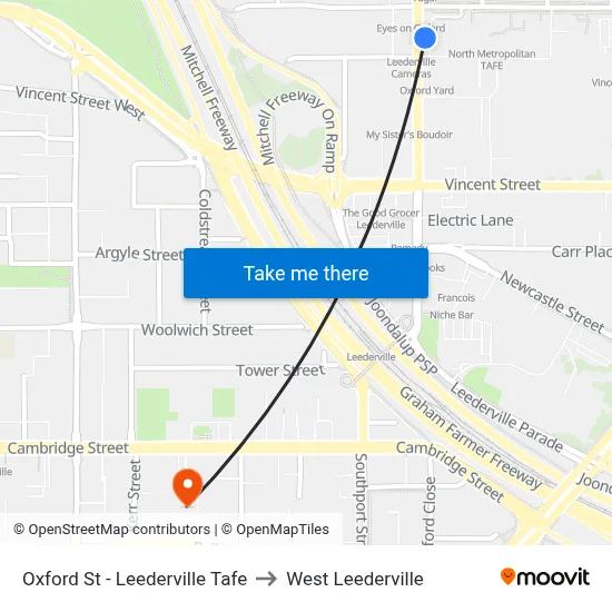 Oxford St - Leederville Tafe to West Leederville map