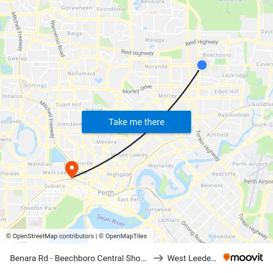 Benara Rd - Beechboro Central Shopping Ctr to West Leederville map