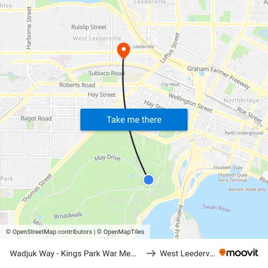 Wadjuk Way - Kings Park War Memorial to West Leederville map