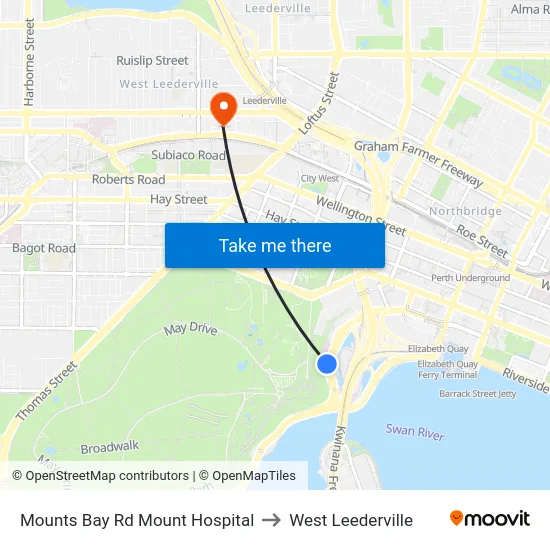 Mounts Bay Rd Mount Hospital to West Leederville map