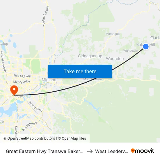 Great Eastern Hwy Transwa Bakers Hill to West Leederville map