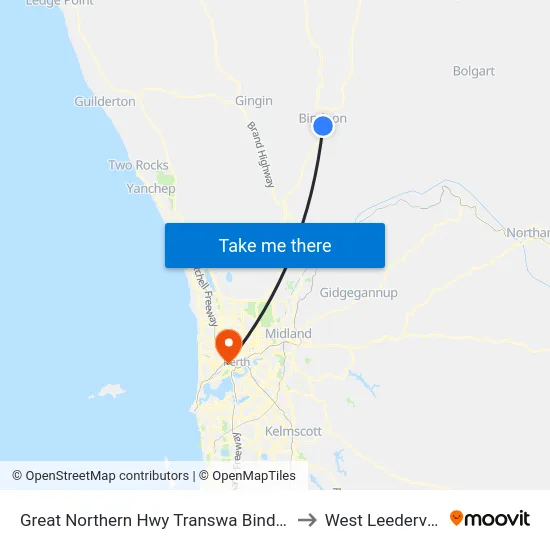 Great Northern Hwy Transwa Bindoon to West Leederville map