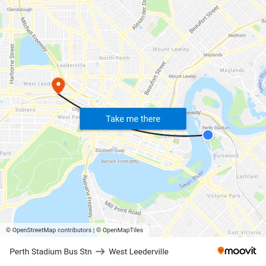 Perth Stadium Bus Stn to West Leederville map