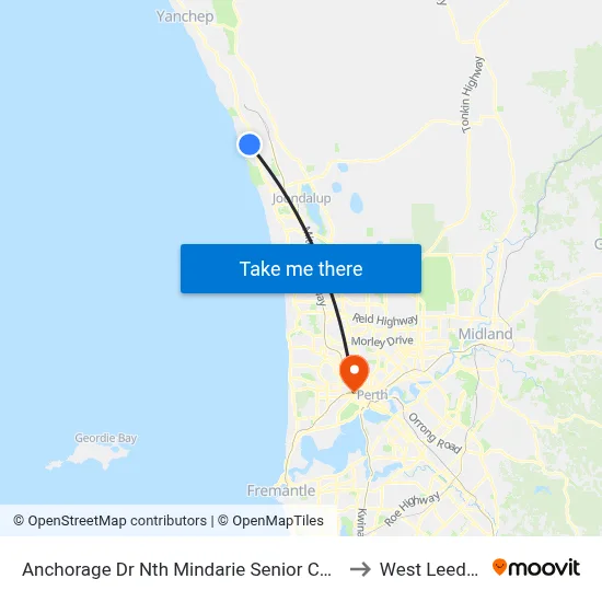 Anchorage Dr Nth Mindarie Senior College Stand 4 to West Leederville map
