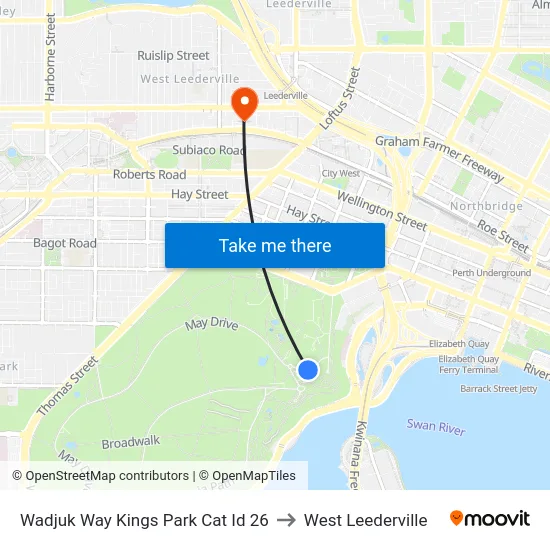 Wadjuk Way Kings Park Cat Id 26 to West Leederville map