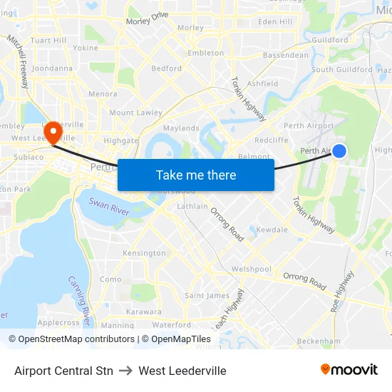 Airport Central Stn to West Leederville map