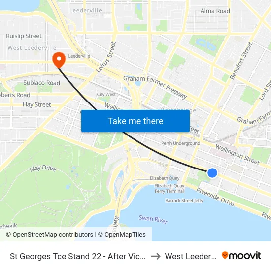 St Georges Tce Stand 22 - After Victoria Av to West Leederville map