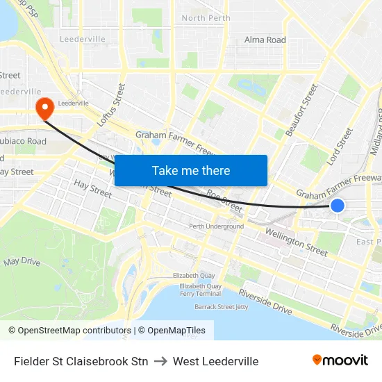 Fielder St Claisebrook Stn to West Leederville map