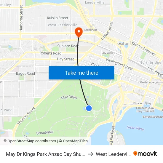 May Dr Kings Park Anzac Day Shuttle to West Leederville map
