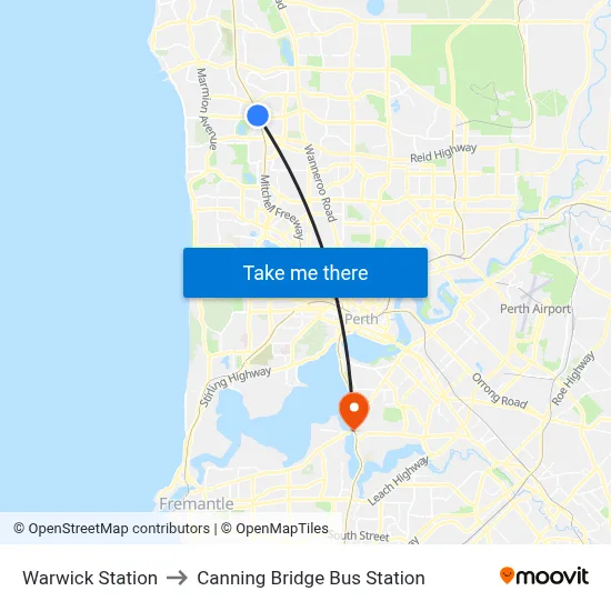 Warwick Station to Canning Bridge Bus Station map