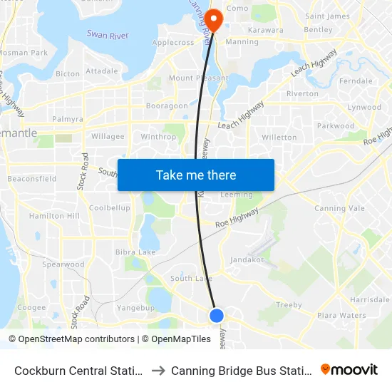Cockburn Central Station to Canning Bridge Bus Station map