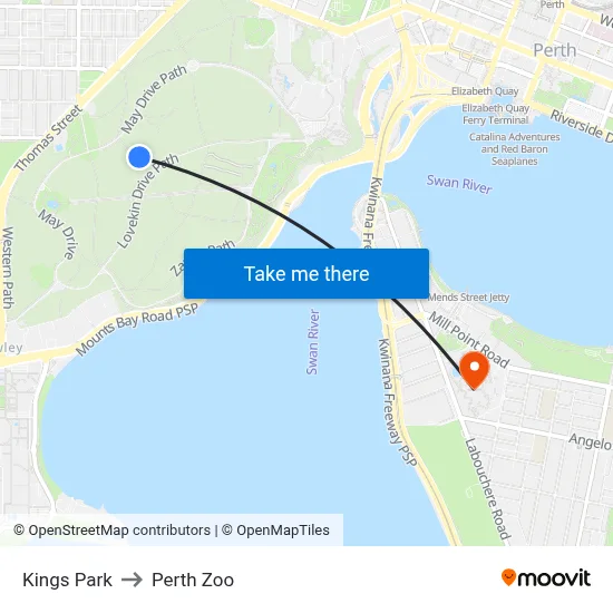 Kings Park to Perth Zoo map