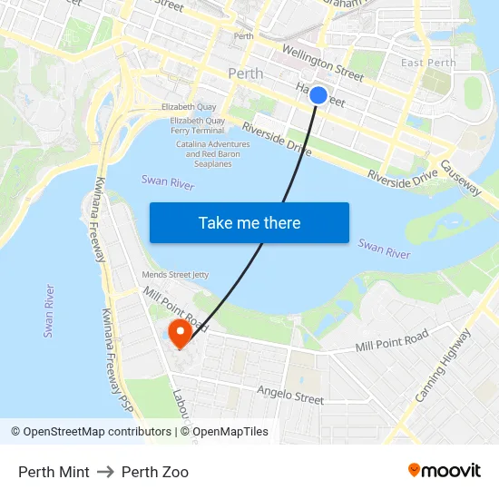 Perth Mint to Perth Zoo map
