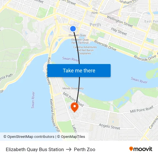 Elizabeth Quay Bus Station to Perth Zoo map