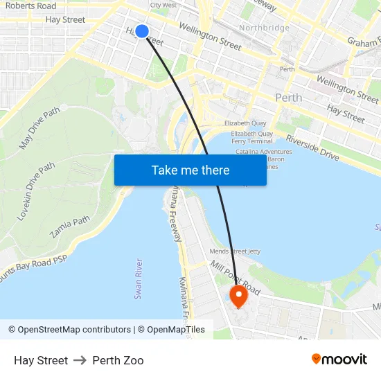 Hay Street to Perth Zoo map