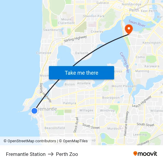 Fremantle Station to Perth Zoo map