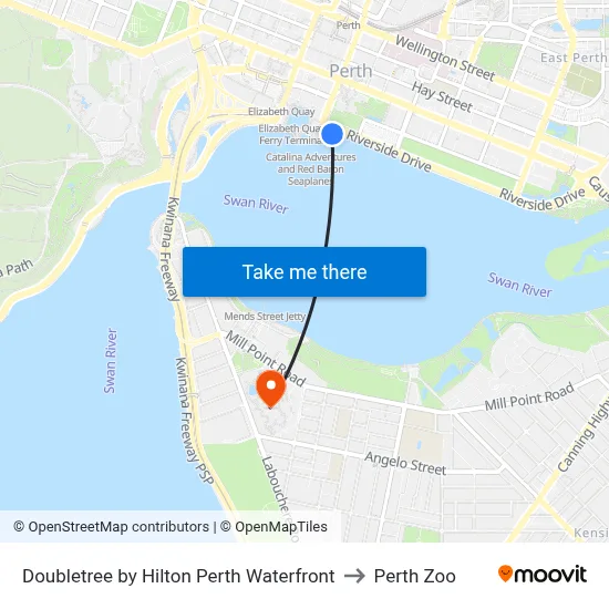 Doubletree by Hilton Perth Waterfront to Perth Zoo map