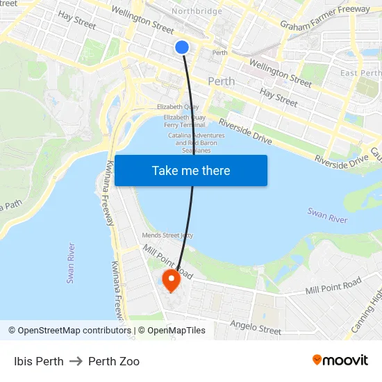 Ibis Perth to Perth Zoo map
