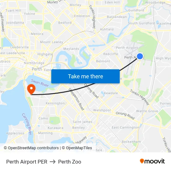 Perth Airport PER to Perth Zoo map