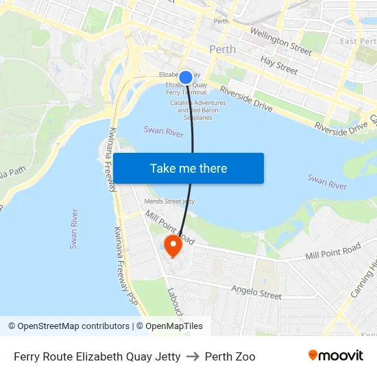 Ferry Route Elizabeth Quay Jetty to Perth Zoo map