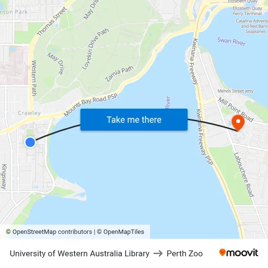 University of Western Australia Library to Perth Zoo map