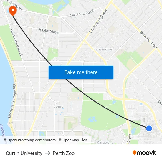 Curtin University to Perth Zoo map