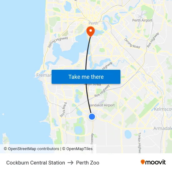 Cockburn Central Station to Perth Zoo map