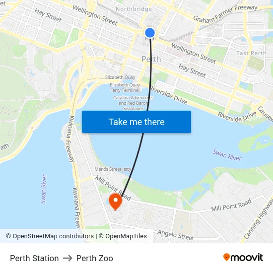 Perth Station to Perth Zoo map