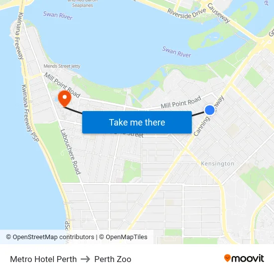Metro Hotel Perth to Perth Zoo map