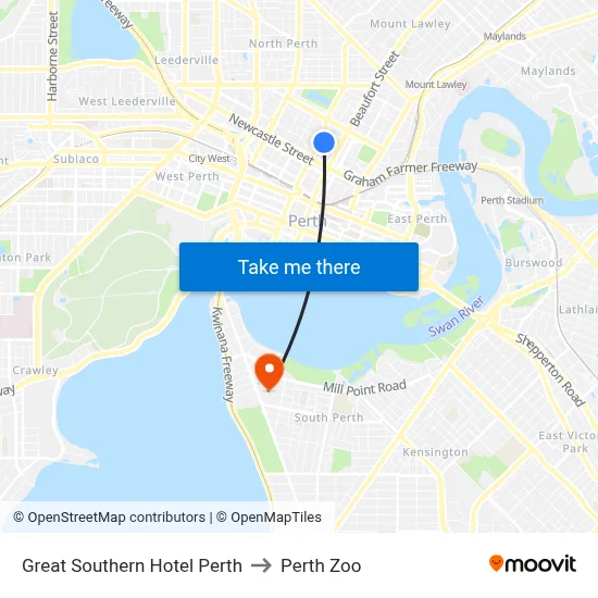 Great Southern Hotel Perth to Perth Zoo map