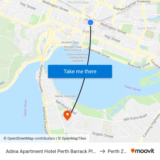 Adina Apartment Hotel Perth Barrack Plaza to Perth Zoo map