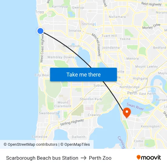 Scarborough Beach bus Station to Perth Zoo map