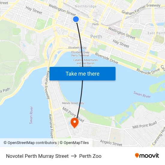 Novotel Perth Murray Street to Perth Zoo map