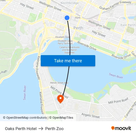 Oaks Perth Hotel to Perth Zoo map