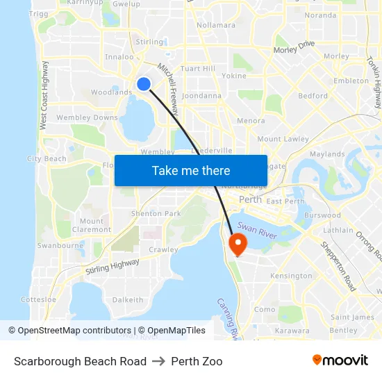 Scarborough Beach Road to Perth Zoo map