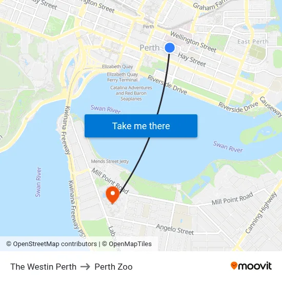 The Westin Perth to Perth Zoo map